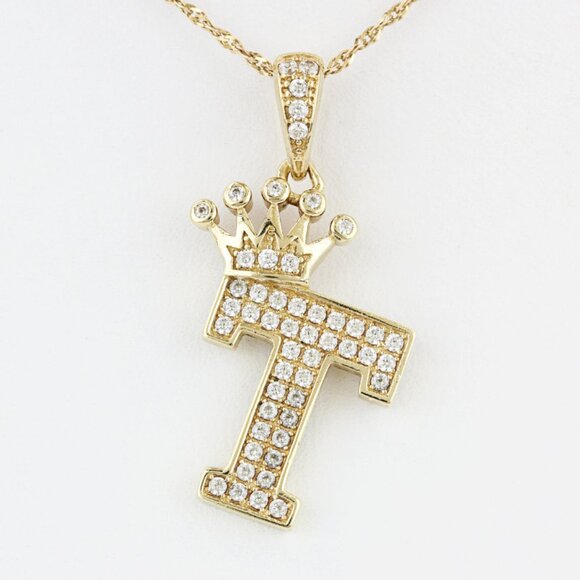 10k Yellow Gold Cubic Zirconia Letter 'T' w/ Crown Pendant/Charm